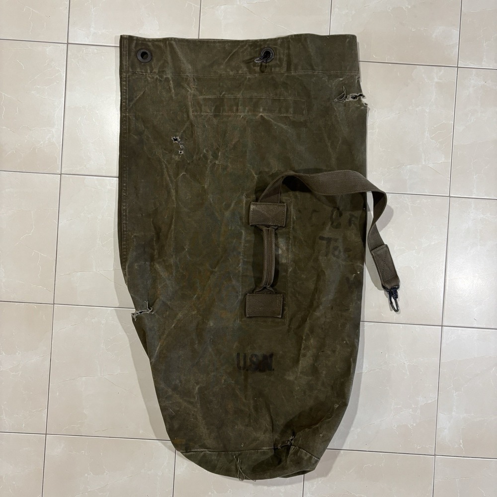 Vintage US Navy Duffle Bag XL Military Thrashed Green Canvas Stencil Strap USN